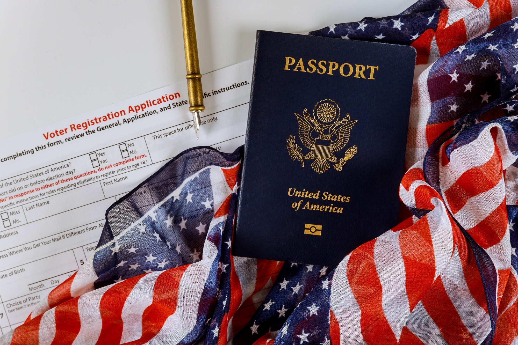 American citizenship registration American vote with USA passport covered by American Flag